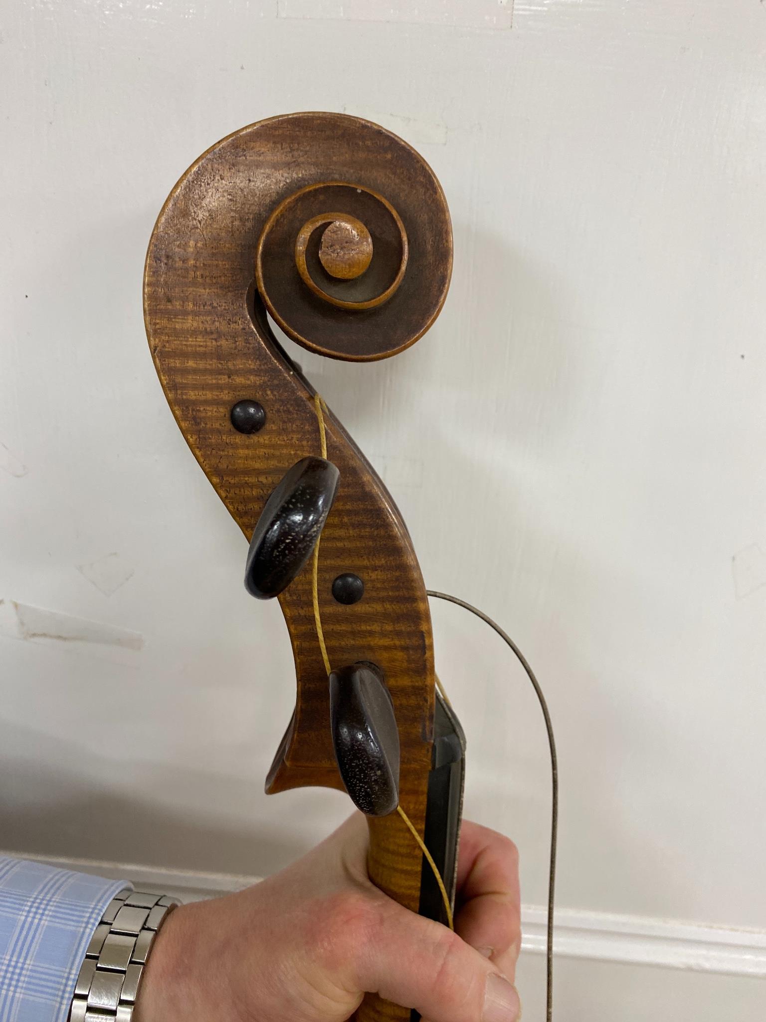 A late 19th century French cello, lob 75.5cm, canvas case with bow